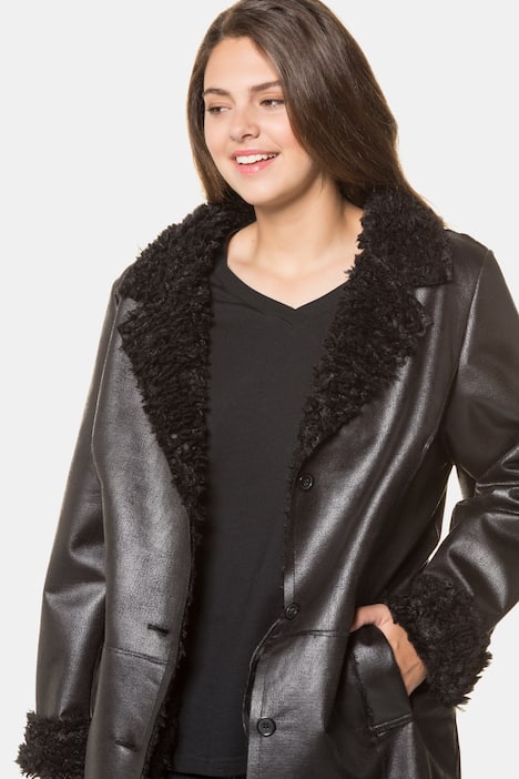 Faux Leather Fur Lined Button Front Coat