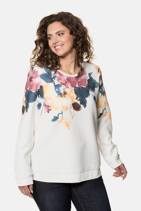 Quilted Look Floral Cotton Blend Knit Sweatshirt