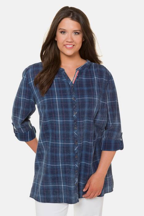 Longbluse, Karomuster, Used-Look, Krempelriegel