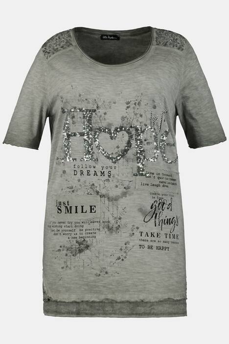 T-Shirt, Paillettenmotiv HOPE, A-Linie, oil dyed