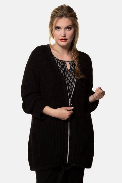 Strickjacke, Strukturstrick, lange Form, Saum-Bindeband