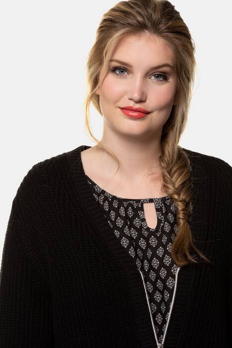 Strickjacke, Strukturstrick, lange Form, Saum-Bindeband