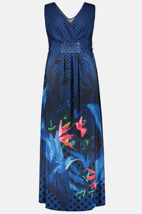 Strandkleid, Kolibrimotiv, Punkte, V-Ausschnitt, Ziersteine
