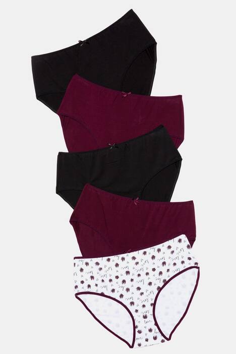 Slips, 5er-Pack, schwarz, weinrot, 'Love'-Muster