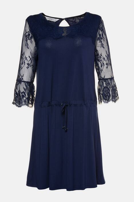 Kleid, Jersey mit Spitze, Tunnelzug, 3/4-Volantärmel