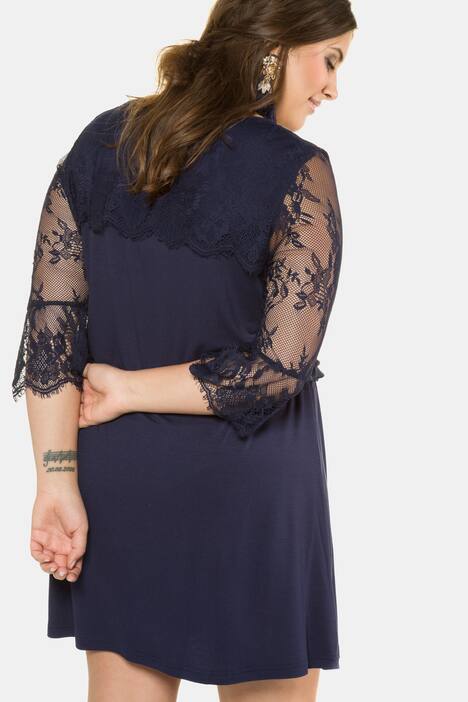 Kleid, Jersey mit Spitze, Tunnelzug, 3/4-Volantärmel