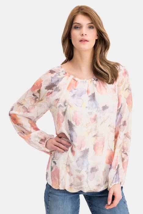 Bluse, Seidenmix, blickdichtes Jerseytop, geblümt