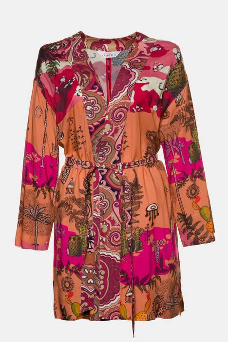 Jacke, Kimono, Mustermix, offen mit Bindegürtel, Langarm