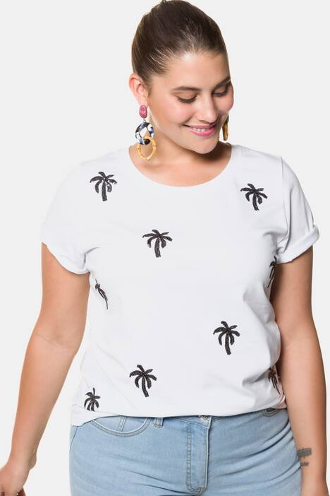 Shirt, Pailletten-Palmen, Halbarm