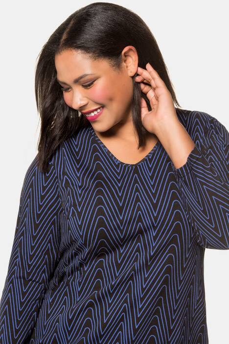 Zig Zag Print Swing Long Sleeve Cotton Knit Tunic
