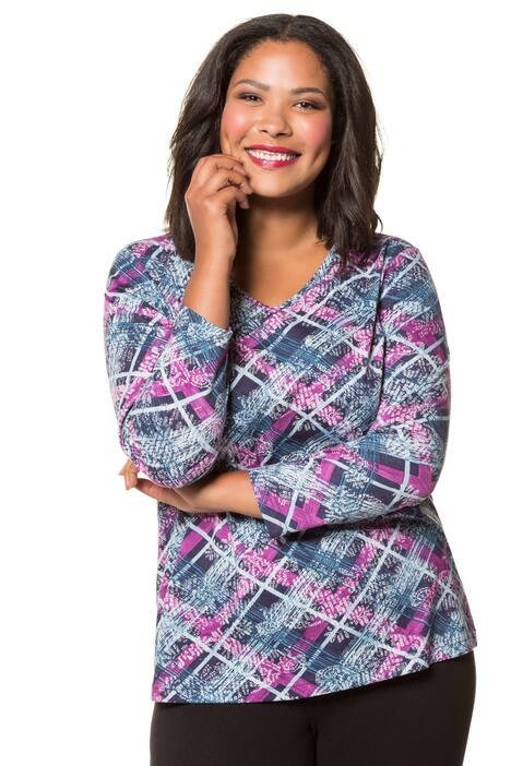 Plaid Floral Print V-Neck Cotton Tee
