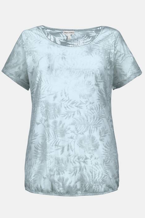 T-Shirt, florales Ausbrennermuster, Kaltfärbung, Elastiksaum