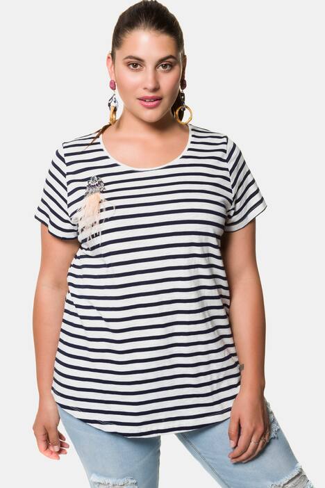 Shirt, Ringel, abnehmbare Brosche, Flammjersey, Halbarm
