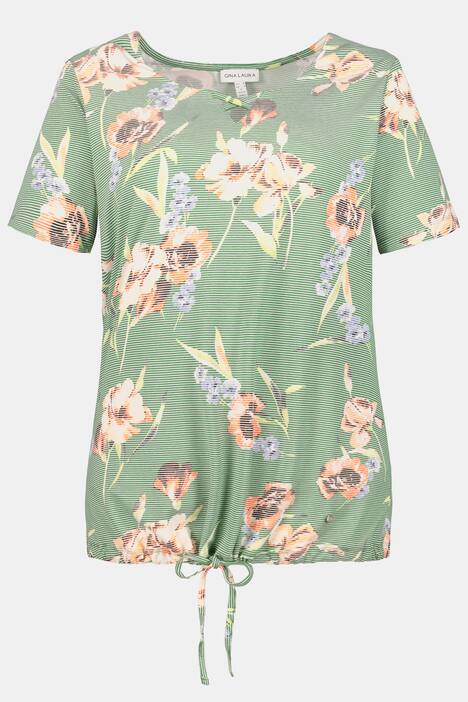 T-Shirt, Blüten, Relaxed, Streifen, Saum-Tunnelzug