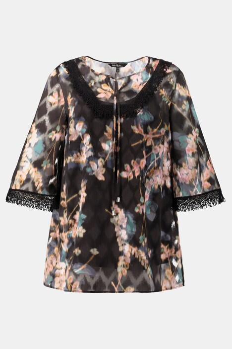 Muted Floral Crochet Accent Sheer Chiffon Blouse