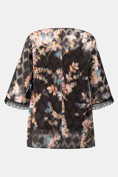 Muted Floral Crochet Accent Sheer Chiffon Blouse