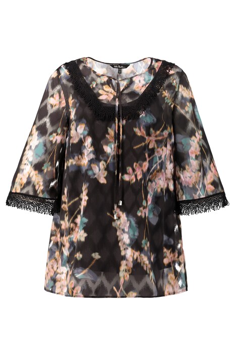 Muted Floral Crochet Accent Sheer Chiffon Blouse