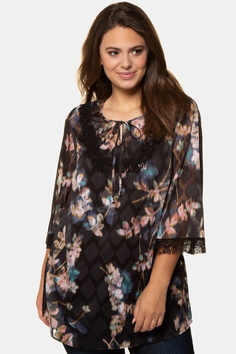 Muted Floral Crochet Accent Sheer Chiffon Blouse