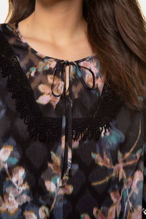 Muted Floral Crochet Accent Sheer Chiffon Blouse