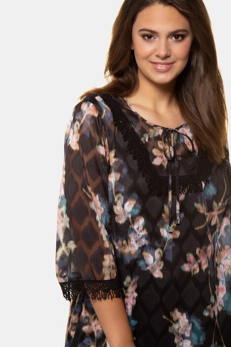 Muted Floral Crochet Accent Sheer Chiffon Blouse