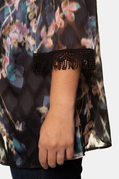 Muted Floral Crochet Accent Sheer Chiffon Blouse