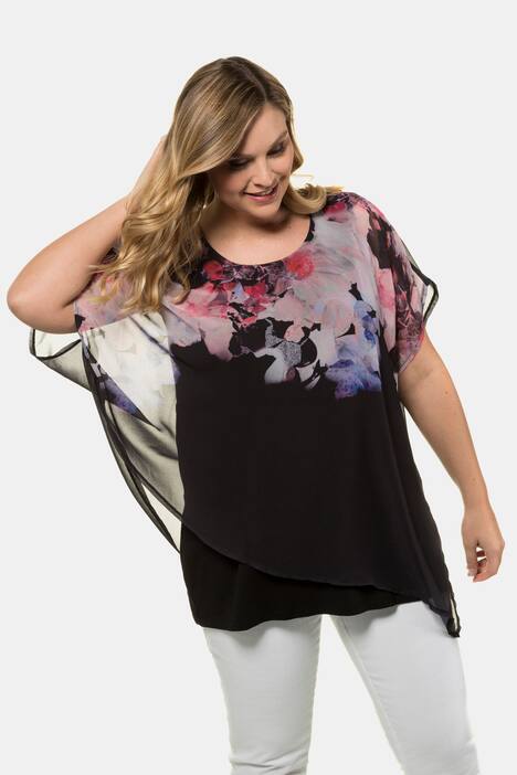 Bluse, Blütenmotiv, Chiffon-Oberlage, Jerseytop