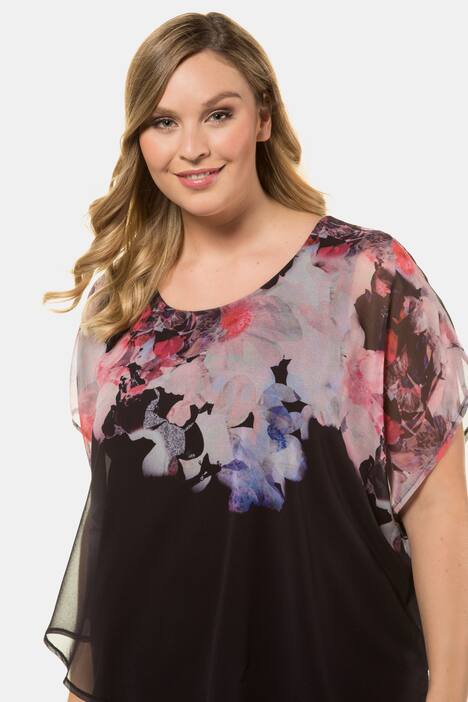 Bluse, Blütenmotiv, Chiffon-Oberlage, Jerseytop