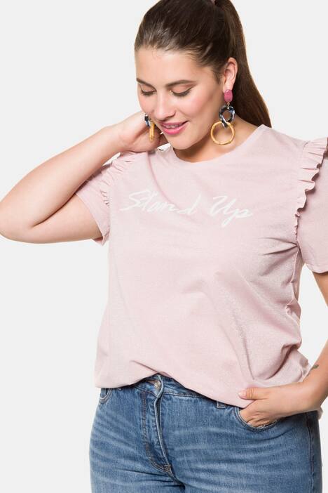 Shirt, Glitzerjersey, Statement, Halbarm mit Rüsche