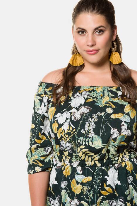 Kleid,Carmenausschnitt, 3/4-Ärmel, Volantsaum
