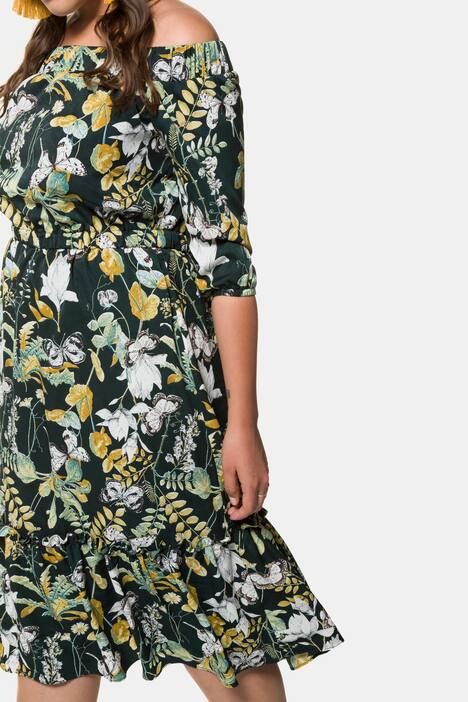 Kleid,Carmenausschnitt, 3/4-Ärmel, Volantsaum