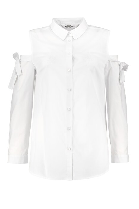 Cold Shoulder Tie Sleeve Button Front Blouse