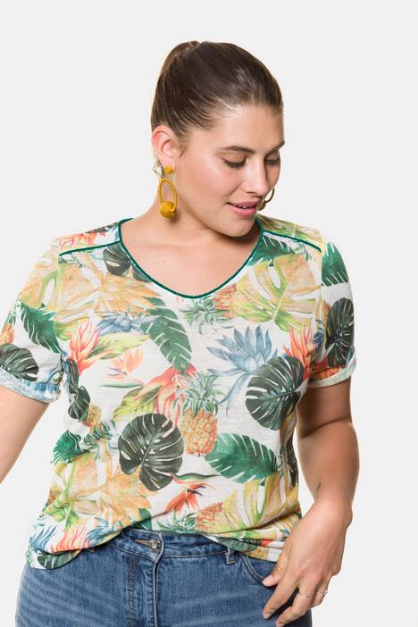 V-Shirt, Dschungelmuster, Flammjersey, Halbarm