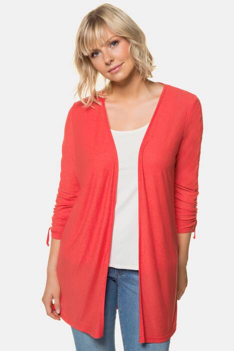 Sweatjacke, geraffte Ärmel, offene Form, feine Struktur