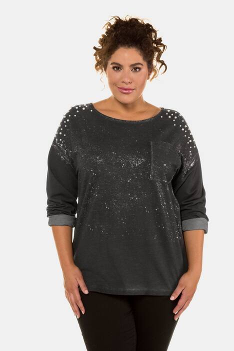 Sweatshirt, Metallic-Effekt, Oversized, Zierperlen