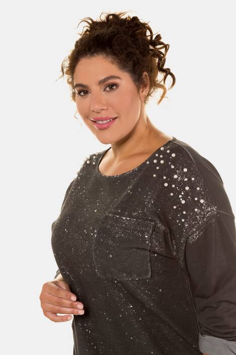 Sweatshirt, Metallic-Effekt, Oversized, Zierperlen