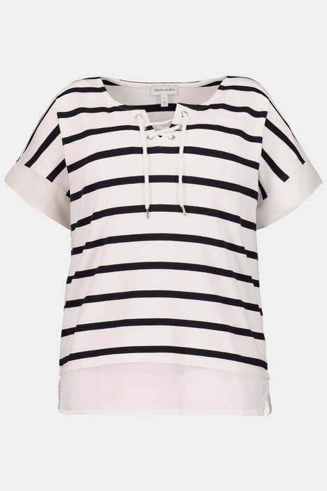T-Shirt, Ringel, Schnürung, Chiffon-Abschlüsse