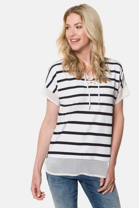 T-Shirt, Ringel, Schnürung, Chiffon-Abschlüsse
