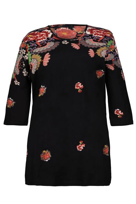 Shoulder Floral Round Neck Cotton Knit Tunic