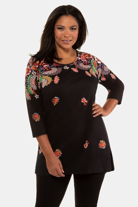 Longshirt, Blütenmuster, Rundhalsausschnitt, 3/4-Arm