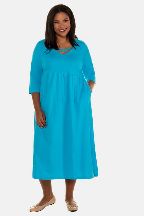 Kleid, Ausschnitt-Zierbänder, Kräusel-Quernaht, 3/4-Arm
