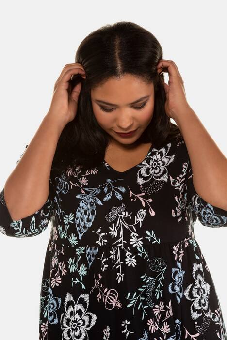 Jerseykleid, Blütenmuster, V-Ausschnitt, 3/4-Arm