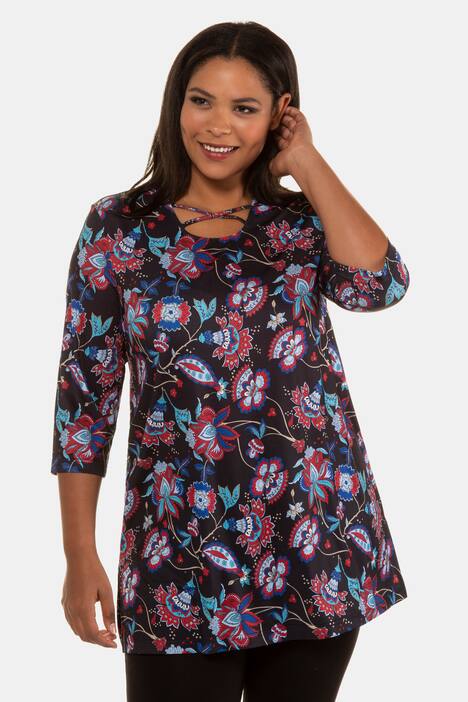 Shirt, florales Muster, Ausschnitt-Zierbänder, 3/4-Arm