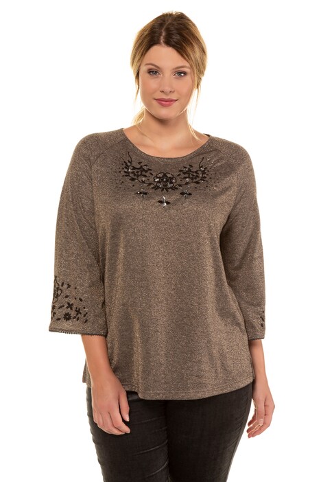 Floral Embroidery Bead Accent Metallic Knit Top