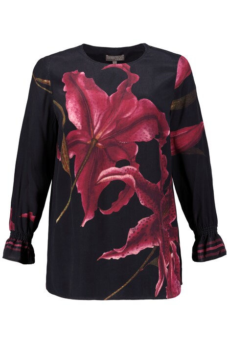 Lily Print Round Neck Flounce Sleeve Blouse