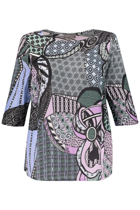 Large Print Round Neck Silk Blend Blouse