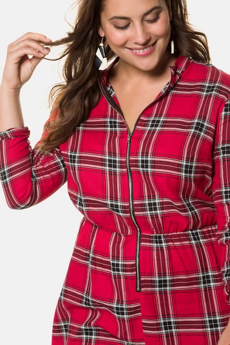 Zipper Front Plaid Long Sleeve Cotton Dress