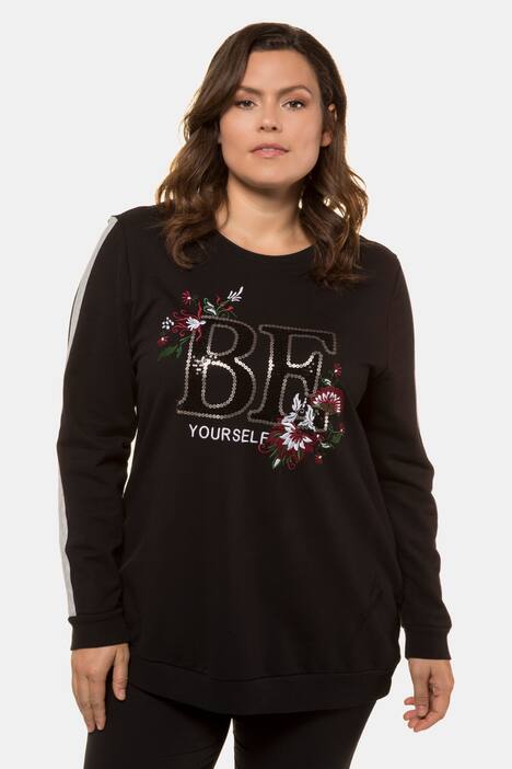 Sweatshirt, Blüten-Stickerei, Pailletten-Schriftzug