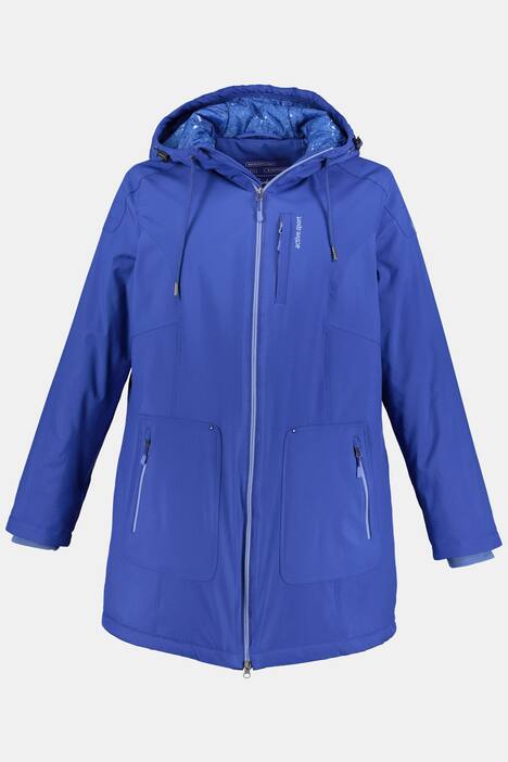 Softshelljacke, Berggipfelmuster, lange Form, Kapuze