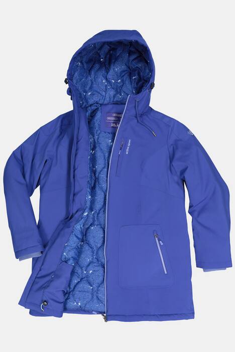 Softshelljacke, Berggipfelmuster, lange Form, Kapuze