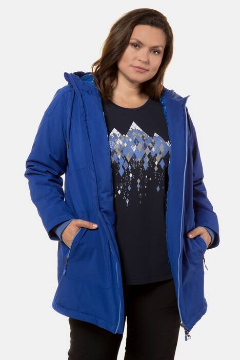 Softshelljacke, Berggipfelmuster, lange Form, Kapuze